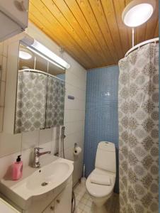 un bagno con lavandino, WC e doccia di Kotimaailma- Kalustettu kaksio Rauhallisella alueella Hiekkaharjusta a Vantaa