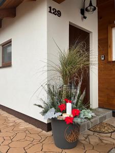 a planter with flowers and plants in front of a house at Roubený dvůr 