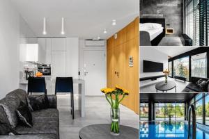 a collage of photos of a kitchen and a living room at Apartamenty Premium NJ Lublin Centrum Basen & SPA in Lublin