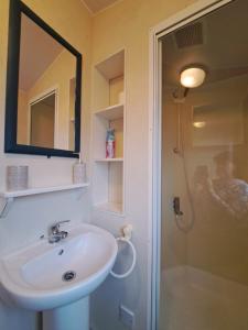 a bathroom with a sink and a shower with a mirror at Cosy home with stunning views in Holsworthy