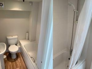 y baño con aseo, bañera y lavamanos. en Cider Cottage - 3 Bedroom - Onsite Parking, en Sidmouth