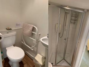 uma casa de banho com um chuveiro, um WC e um lavatório. em Cider Cottage - 3 Bedroom - Onsite Parking em Sidmouth