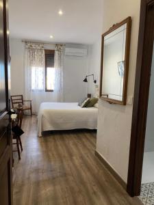 a bedroom with a bed and a mirror on the wall at Casa Rural Dolly Baby in Alarcón