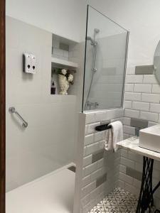 a bathroom with a shower and a sink at Casa Rural Dolly Baby in Alarcón