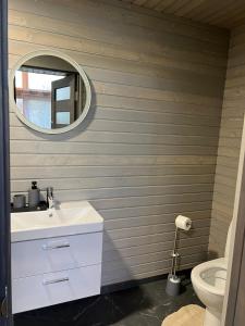 ein Badezimmer mit einem weißen Waschbecken und einem Spiegel in der Unterkunft База відпочинку „СІНАЙ“ in Sloboda