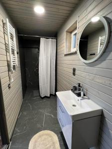 ein Bad mit einem Waschbecken, einem Spiegel und einer Dusche in der Unterkunft База відпочинку „СІНАЙ“ in Sloboda