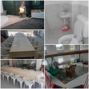un collage de photos d'une chambre avec des tables et des chaises blanches dans l'établissement Aqua Vet Apartman Velika Kladuša, à Velika Kladuša
