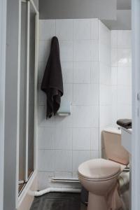 uma casa de banho com WC e uma toalha pendurada na parede em Studio centre ville Bourges em Bourges