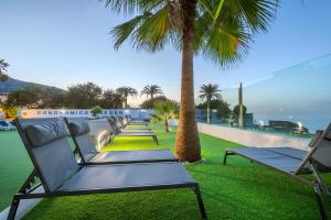 szereg leżaków na trawniku z palmami w obiekcie One bedroom apartment with beautiful pool, breakfast included w mieście Los Realejos