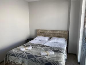 een slaapkamer met een bed met twee schoenen erop bij New Gudauri Loft 2 in Goedaoeri +17 foto's