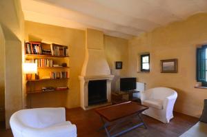 托羅埃利亞－德蒙特格里的住宿－Villa Mas Dels Noguers，客厅配有两把椅子和壁炉