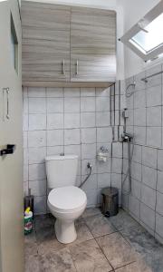 a bathroom with a white toilet in a room at Harmony Cottage in Vasilikí +31 photos