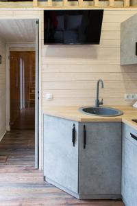 a kitchen with a sink and a tv on the wall at Tiny House Flexhome in Buchenberg