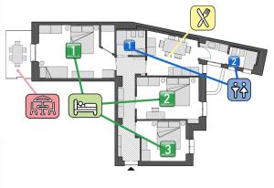 un plano del suelo de un edificio con flechas verdes y amarillas en StayEasy Quadronno33 - 3 bedrooms, 2 baths - Duomo walking distance, en Milán