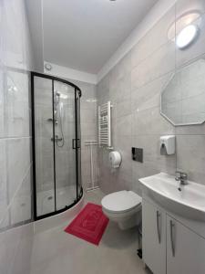 uma casa de banho com um chuveiro, um WC e um lavatório. em Etna 4 - Apartamenty - Osmeckiego 4 E Rzeszów -Parking em Rzeszów