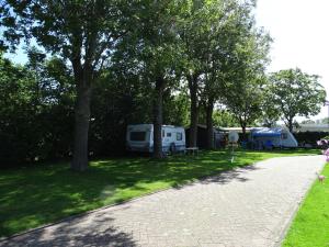 un grupo de tiendas de campaña en un campo con árboles en Camping De Hof van Eeden, en Warmond
