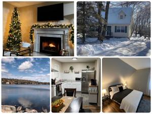 a collage of pictures of a home with a fireplace at Cozy cottage by the lake in Tobyhanna
