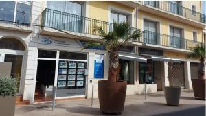 una palmera frente a un edificio en Pavillon avec un jardin à 100m de la plage, en Valras-Plage