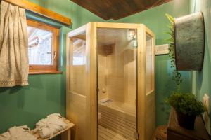 a small shower in a green bathroom with a window at Rock Dandy Deluxe Chalet in Arachova - Delphi, Sauna, Prv Parking, Amazing View in Arachova