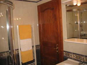 a bathroom with a shower and a wooden door at Apartments Timjana in Bohinj