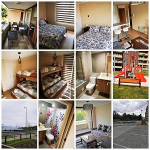 un collage de fotos de un dormitorio y una habitación en costanera playa villarrica en Villarrica