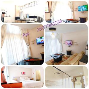 eine Collage mit vier Bildern eines Zimmers in der Unterkunft New Apartment 3mins walk to shops in Harare