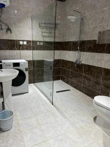 ein Bad mit einer Dusche, einem WC und einem Waschbecken in der Unterkunft الراحة بلازا للشقق المفروشة in Sharorah