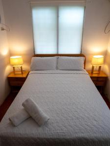 a bedroom with a bed with two lamps on both sides at Las Casitas en Salinas in Salinas
