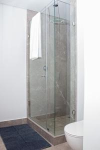 a glass shower in a bathroom with a toilet at Epic Getaway in Waterfall in Midrand