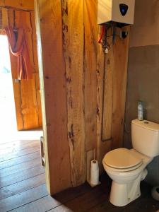 TuchanにあるYourte Nature / Gîte Saint Rochの木製の壁のバスルーム(トイレ付)