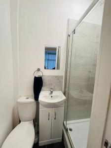 a bathroom with a toilet and a sink and a shower at 4 Bed 4 Bath 6 Guest Lovely home in Stoke on Trent