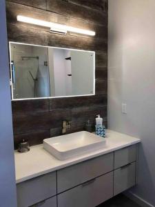 a bathroom with a white sink and a mirror at Silver Fox modern new luxury home next to ohv rd in Silverton +15 photos