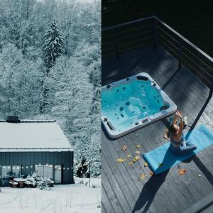 a woman sitting on a deck next to a hot tub at Rezydencja Bieszczady - Solina in Solina
