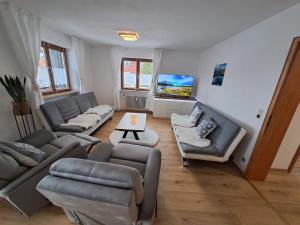 a living room with couches and a flat screen tv at Alpenfee Ofterschwang mit E-Bike Garage in Ofterschwang