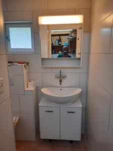 uma casa de banho com um lavatório e um espelho em La Crappa em Andeer