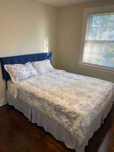 a bed with a blue headboard in a bedroom at Downtown Hidden Gem in Columbia