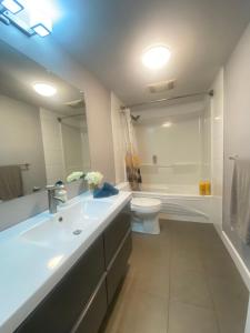 a bathroom with a sink and a toilet and a mirror at lovely home in Calgary