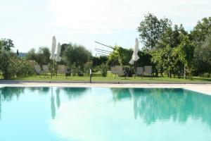 a swimming pool with blue water and chairs and trees at Cà Donzella in Lazise