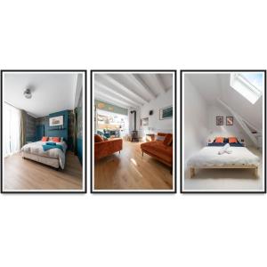 4 photos d'une chambre avec un lit et un canapé dans l'établissement Grande Maison Cusset - Maison de ville et Studio, à Cusset