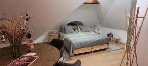 a bedroom with a bed and a table at studio 50m2 au bord de l'eau à STRASBOURG in Strasbourg