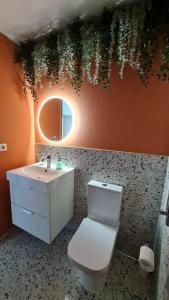 a bathroom with a toilet and a sink and a mirror at Fukša Saules dzīvoklis in Madona