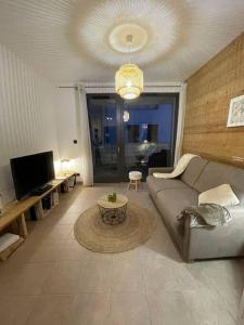 - un salon avec un canapé et une télévision dans l'établissement Studio cosy vallée de Tarentaise, à Aime La Plagne