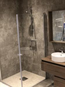 a bathroom with a shower and a sink at Stugu - Koselig hytte med sentral beliggenhet 
