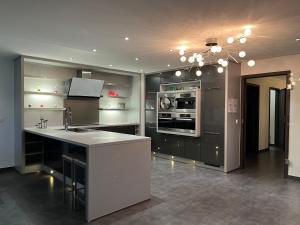 uma cozinha com um lavatório e um fogão forno superior em Loft de prestige au pied du circuit em Francorchamps