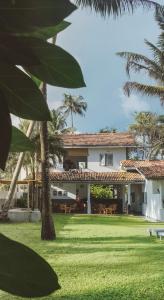 a house with a lawn and palm trees at Surf Lodge Madiha in Matara