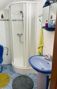 uma casa de banho com um chuveiro e um lavatório azul em Apartmán Trutnov-Poříčí em Trutnov