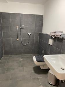 a bathroom with a shower and a toilet and a sink at Wild West Appartement in Bad Salzuflen