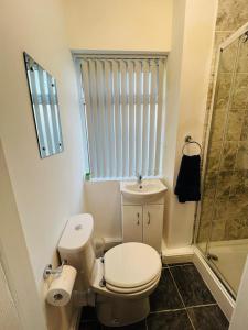 y baño pequeño con aseo y ducha. en Luxury Double & Single Rooms with En-suite Private bathroom in City Centre Stoke on Trent en Stoke on Trent