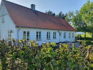 ein weißes Haus mit rotem Dach in der Unterkunft Slotsgaardens feriegård. in Jels