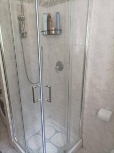 a shower with a glass door with a toilet at Licheni house in Rome +27 photos